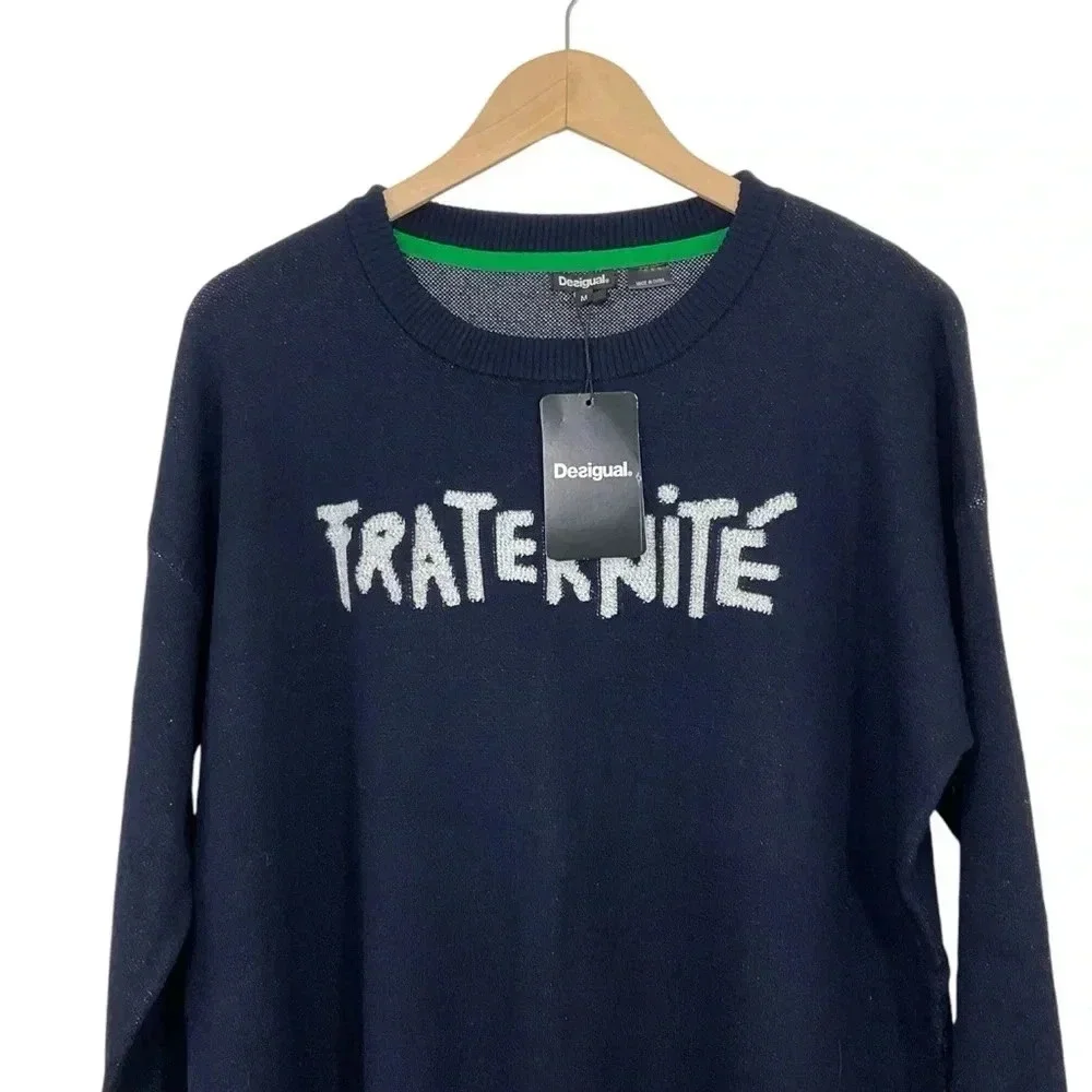 Desigual Fraternite Crewneck Pullover Sweater Navy Blue Small